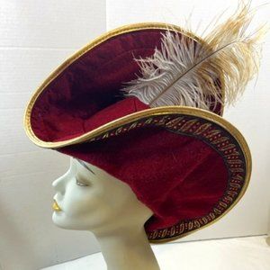 Disney Captain Hook Pirate Hat w/Feather Burgundy Felt Lg Brim Costume Accessory